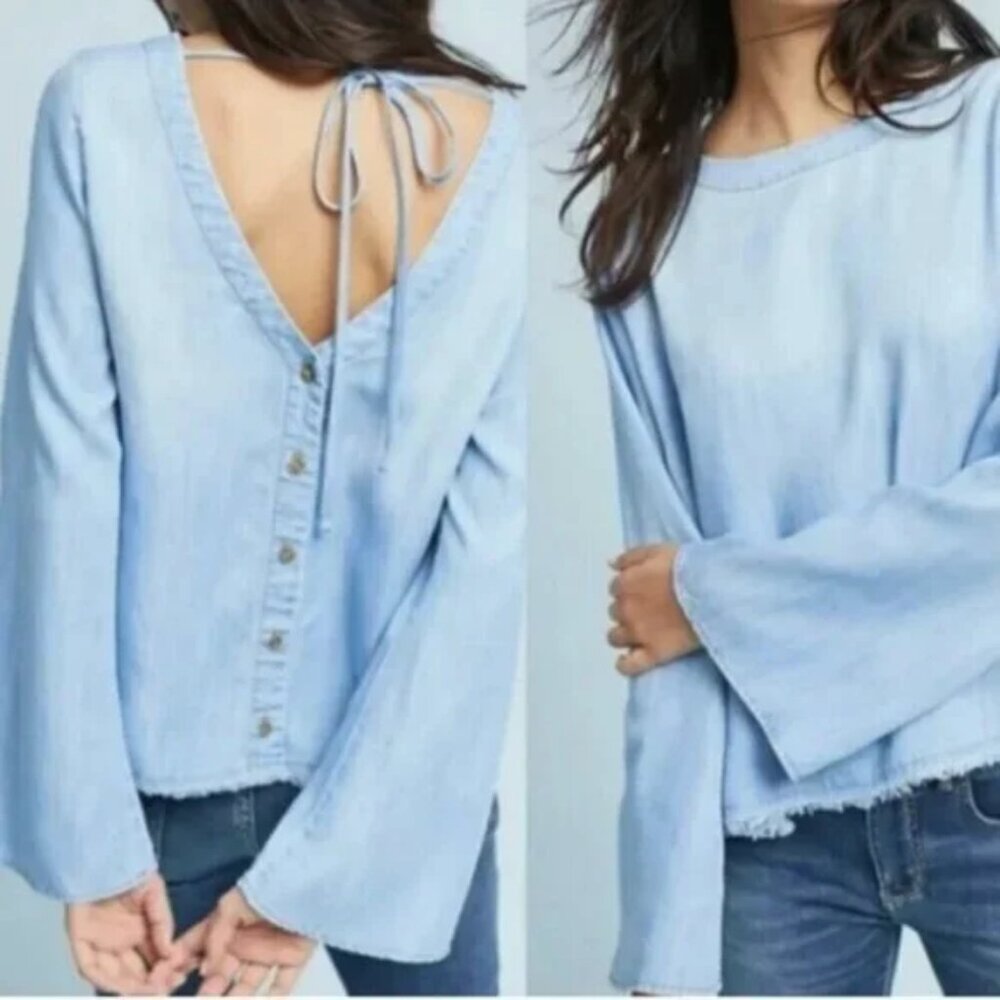 Cloth & Stone Chambray Blouse Button & Tie Back Fray Hem Wide Sleeve‎ Size PXS